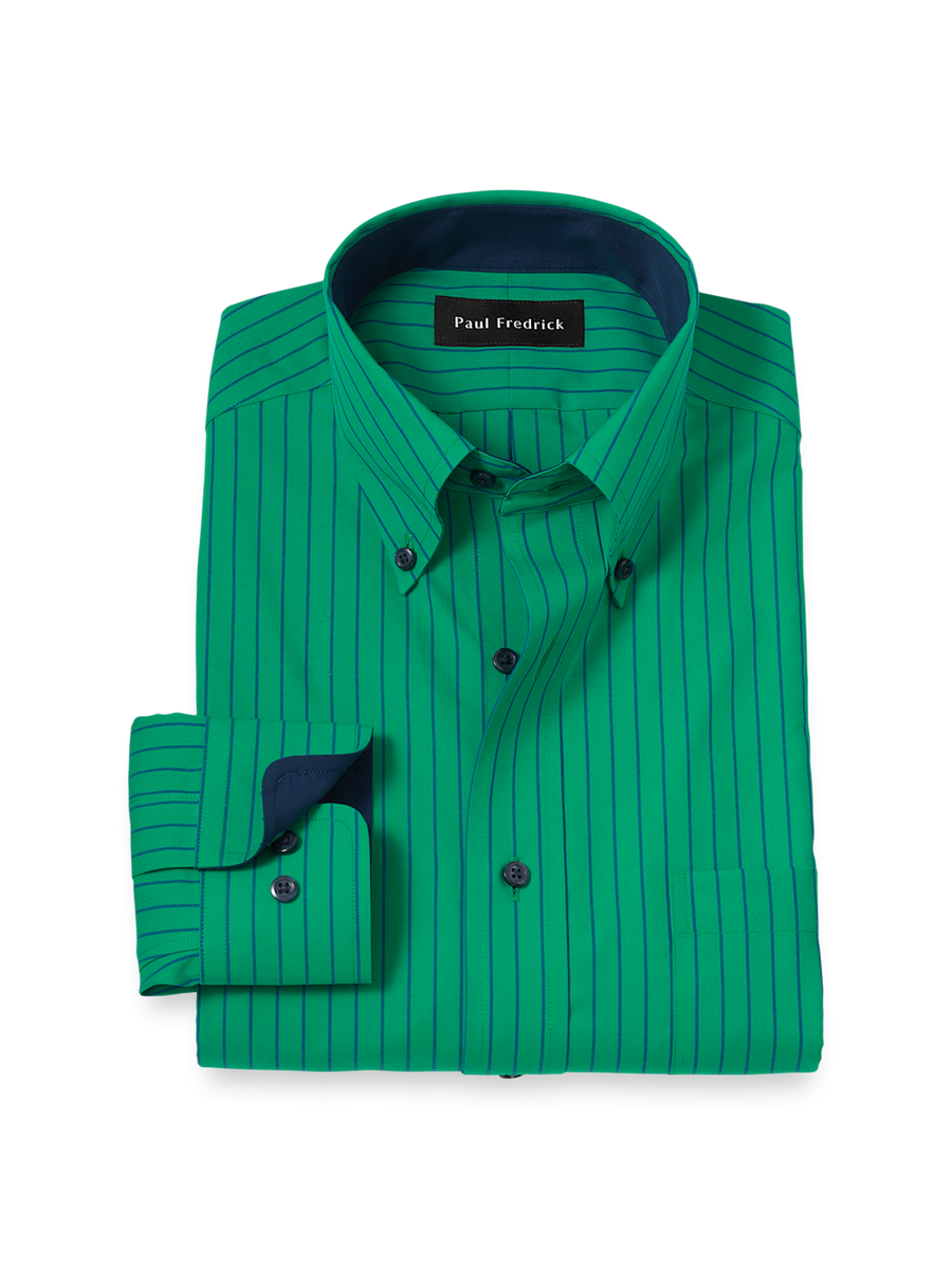 Non-Iron Cotton Stripe Dress Shirt with Contrast Trim - Green Classic Fit / 17 / 33 Non-Iron Cotton Stripe Dress Shirt with Contrast Trim - Green Classic Fit / 17 / 33