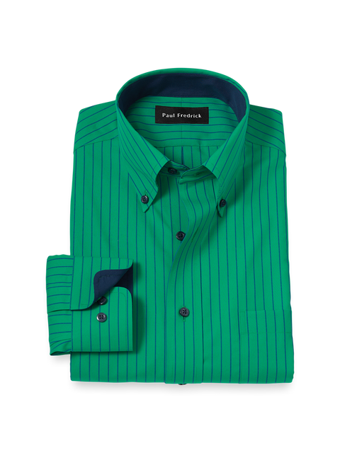 Non-Iron Cotton Stripe Dress Shirt With Contrast Trim - Green