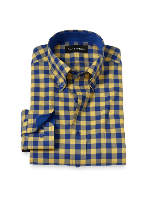 men's yellow gingham dress shirt Non-Iron Cotton Gingham Dress Shirt With Contrast Trim
