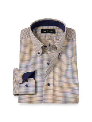 Non-Iron Cotton Check Dress Shirt With Contrast Trim - Navy/gold