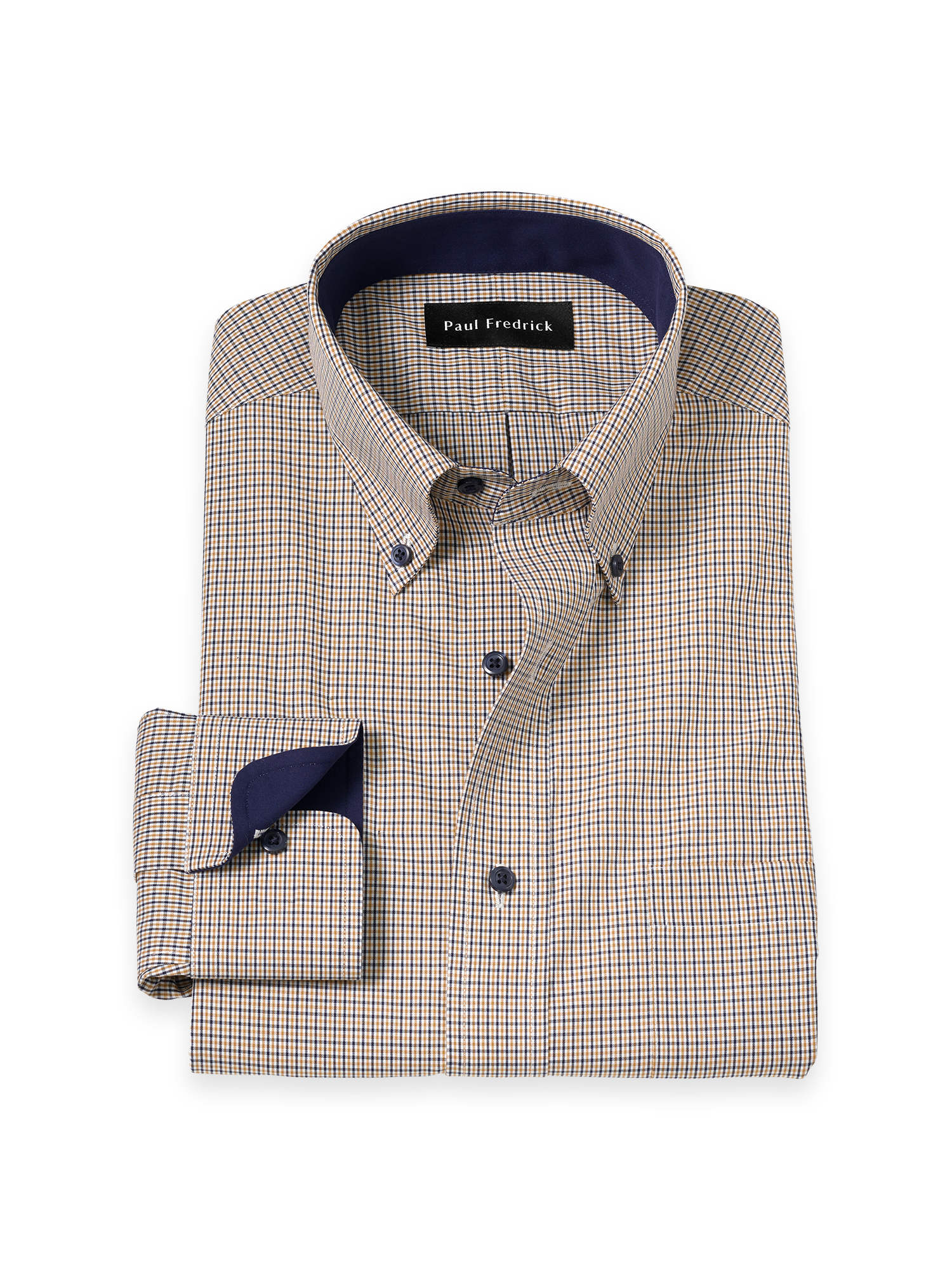 Non-Iron Cotton Check Dress Shirt With Contrast Trim - Navy/gold