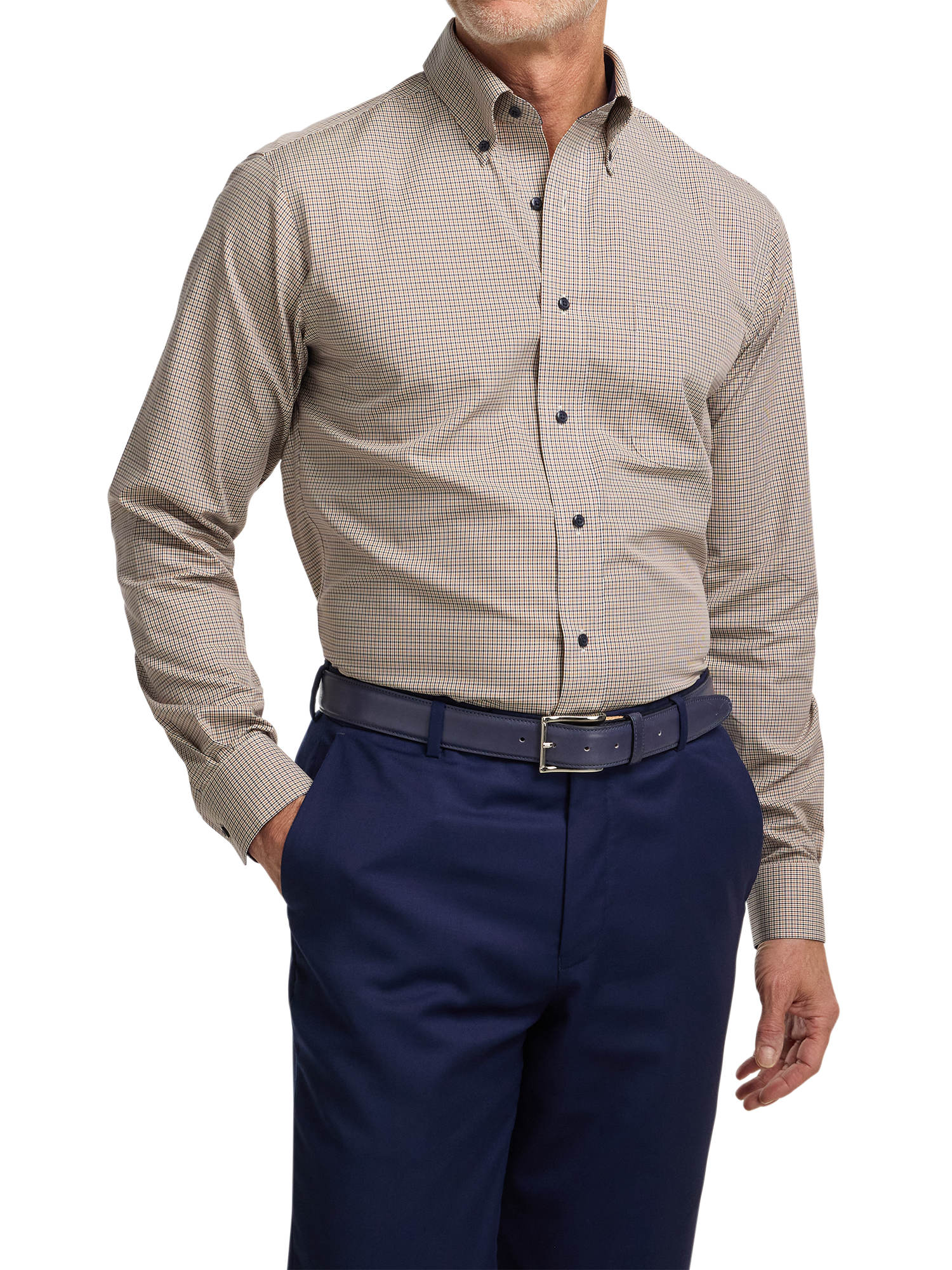 Non-Iron Cotton Check Dress Shirt With Contrast Trim - Navy/gold