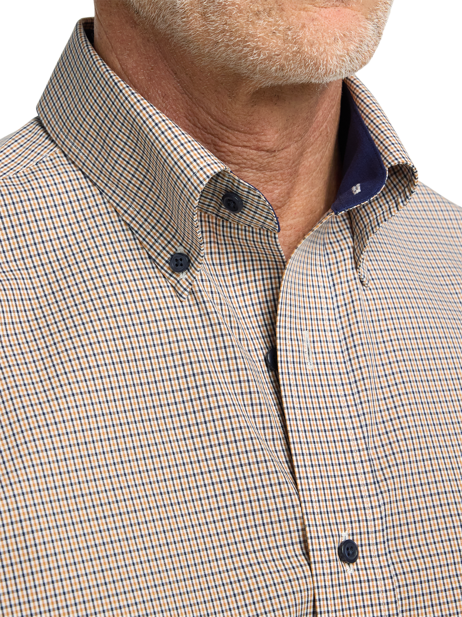 Non-Iron Cotton Check Dress Shirt With Contrast Trim - Navy/gold