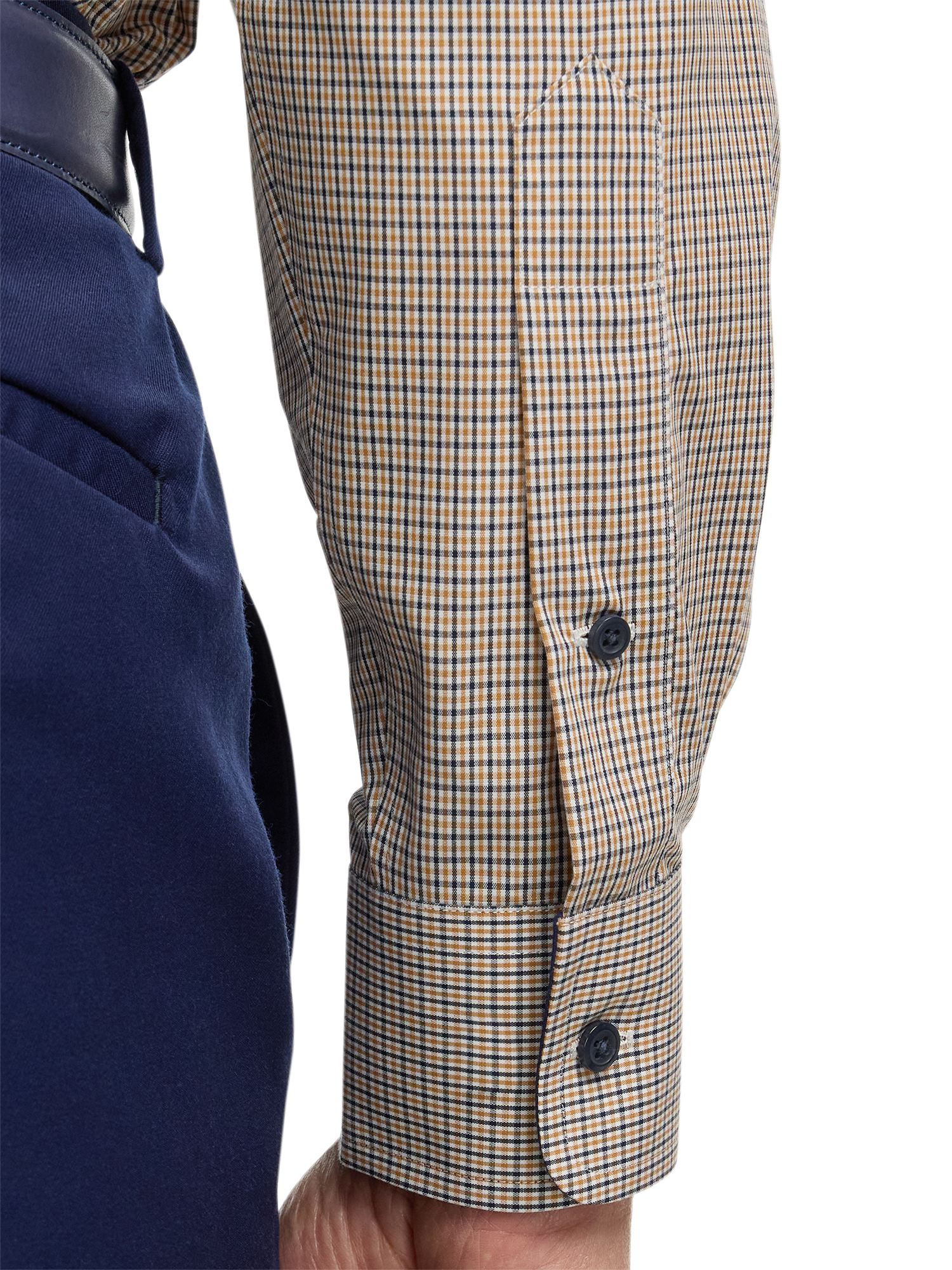 Non-Iron Cotton Check Dress Shirt With Contrast Trim - Navy/gold
