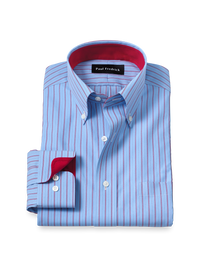 Non-Iron Cotton Stripe Dress Shirt With Contrast Trim - Blue/red