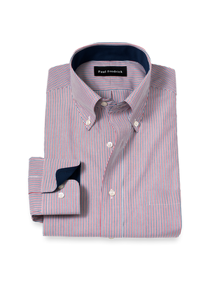 Non-Iron Cotton Stripe Dress Shirt With Contrast Trim - Red
