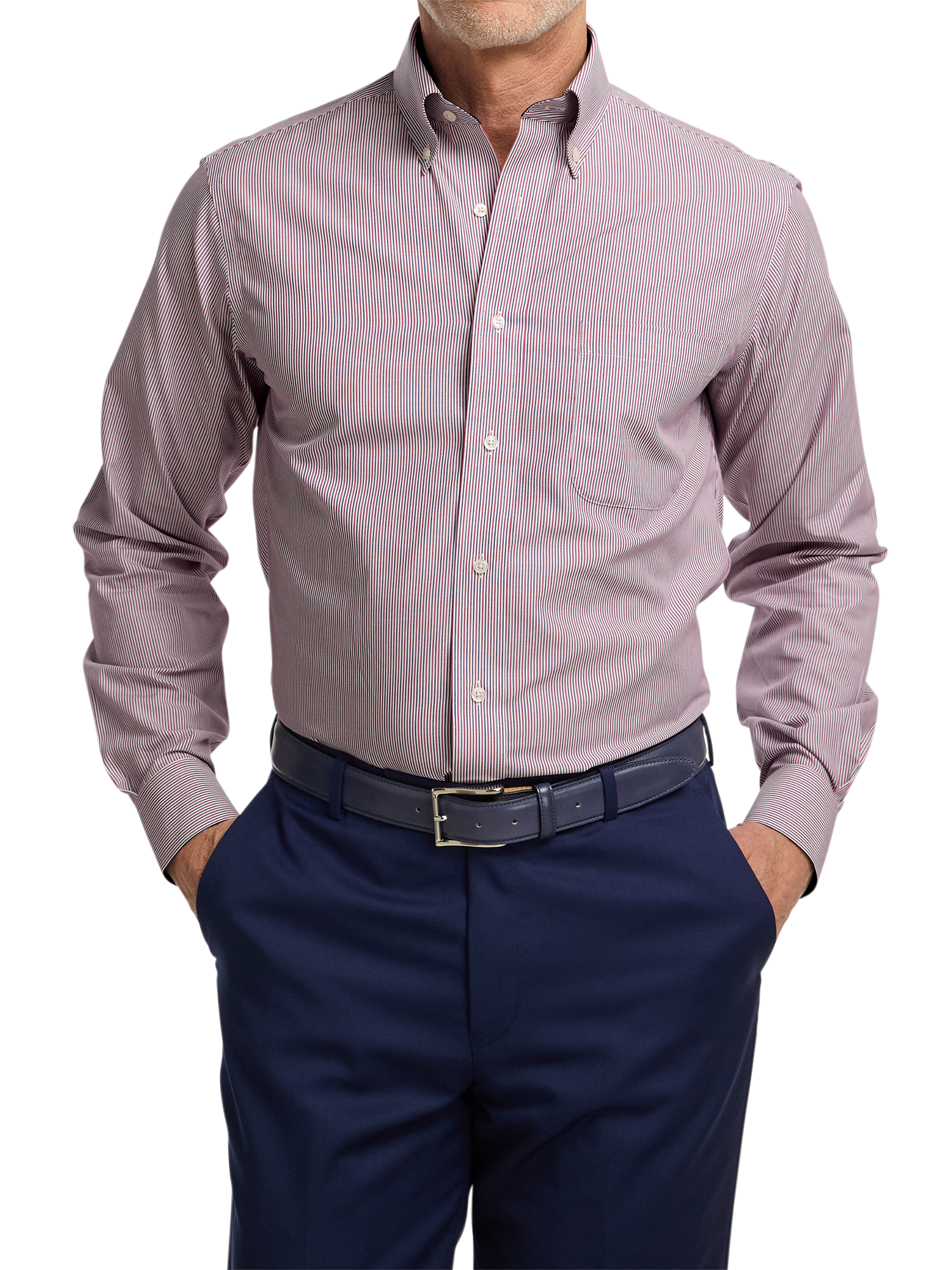 Non-Iron Cotton Stripe Dress Shirt With Contrast Trim - Red