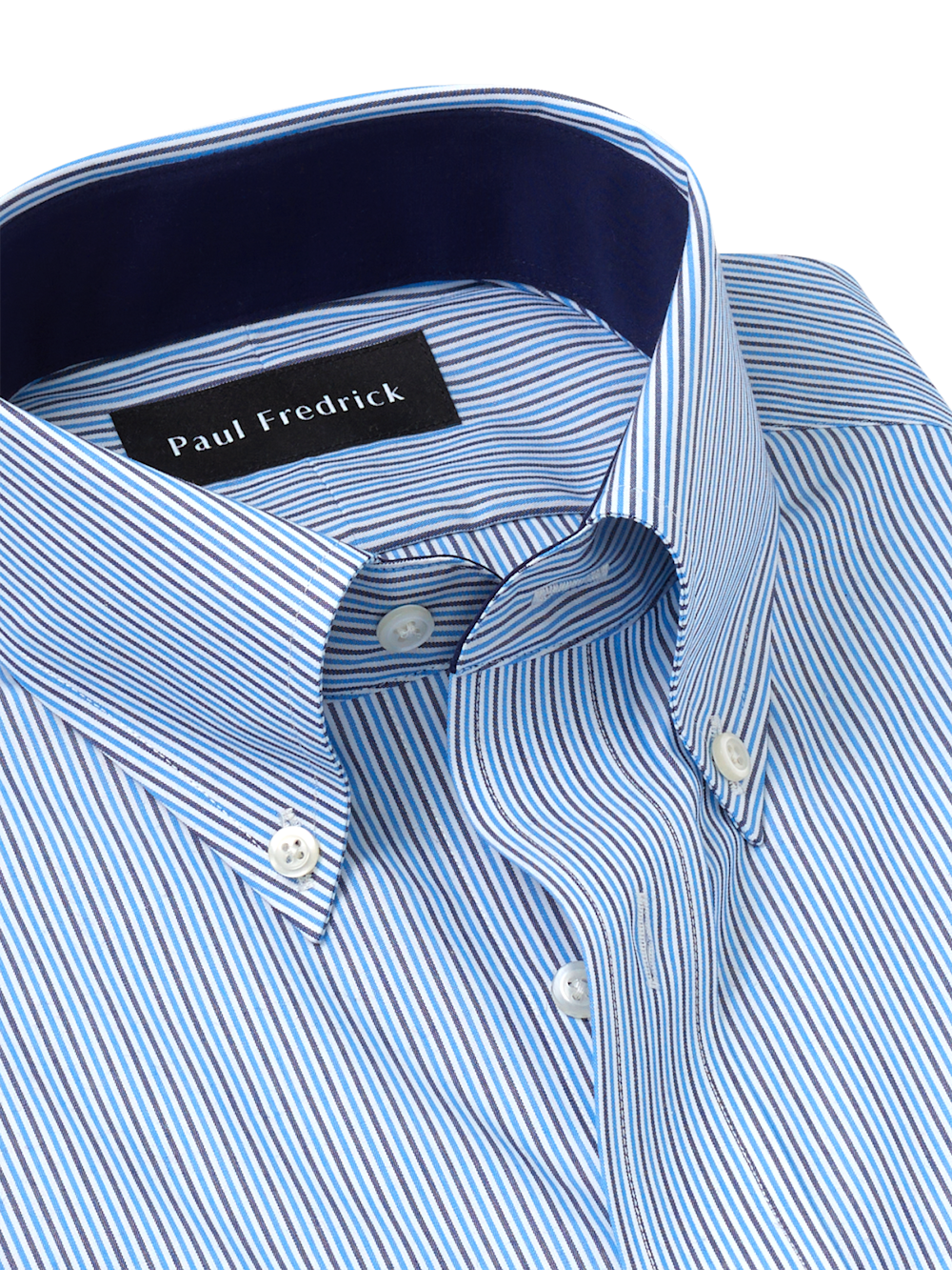 paul fredrick men's classic fit non-iron cotton stripe dress shirt Non-Iron Cotton Stripe Dress Shirt With Contrast Trim - White/blue