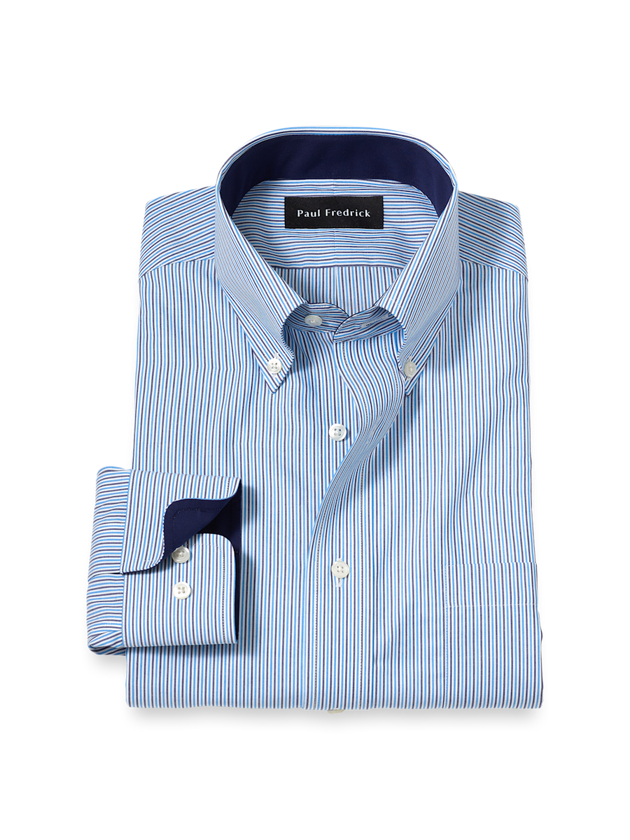 Non-Iron Cotton Stripe Dress Shirt With Contrast Trim - Blue