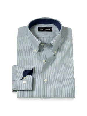 Non-Iron Cotton Stripe Dress Shirt With Contrast Trim - Green