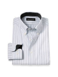 Non-Iron Cotton Stripe Dress Shirt With Contrast Trim - Grey/white