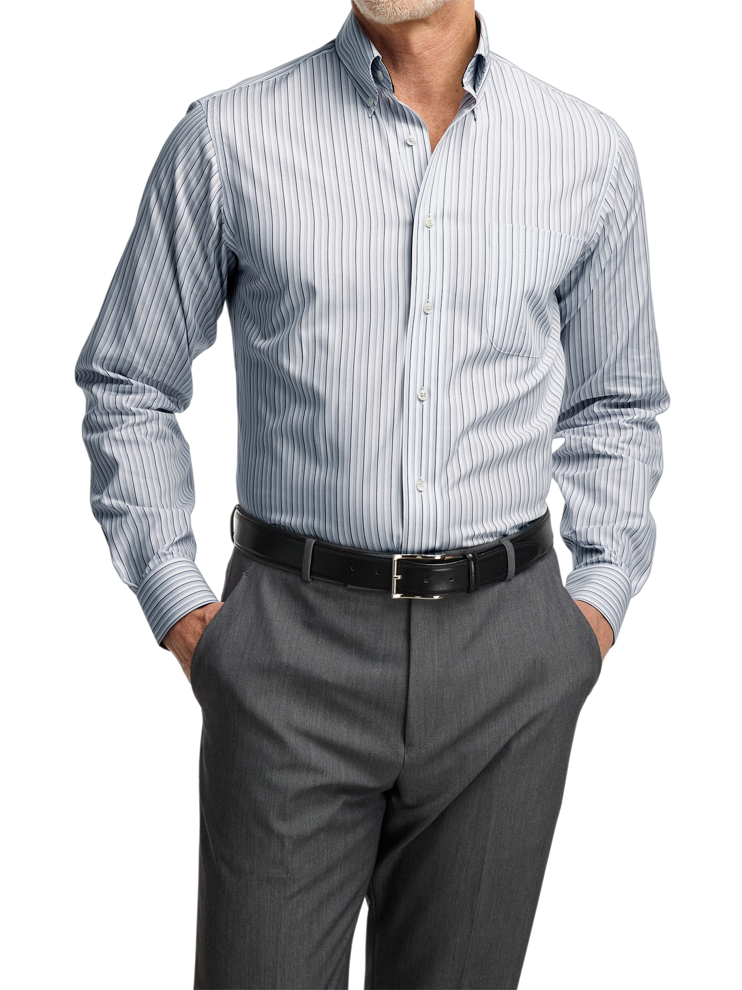 Non-Iron Cotton Stripe Dress Shirt With Contrast Trim - Grey/white