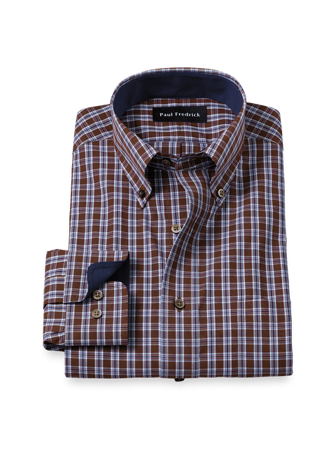 Non-Iron Cotton Plaid Dress Shirt With Contrast Trim - Brown/blue Slim Fit / 18 / 36 Non-Iron Cotton Plaid Dress Shirt With Contrast Trim - Brown/blue Slim Fit / 18 / 36