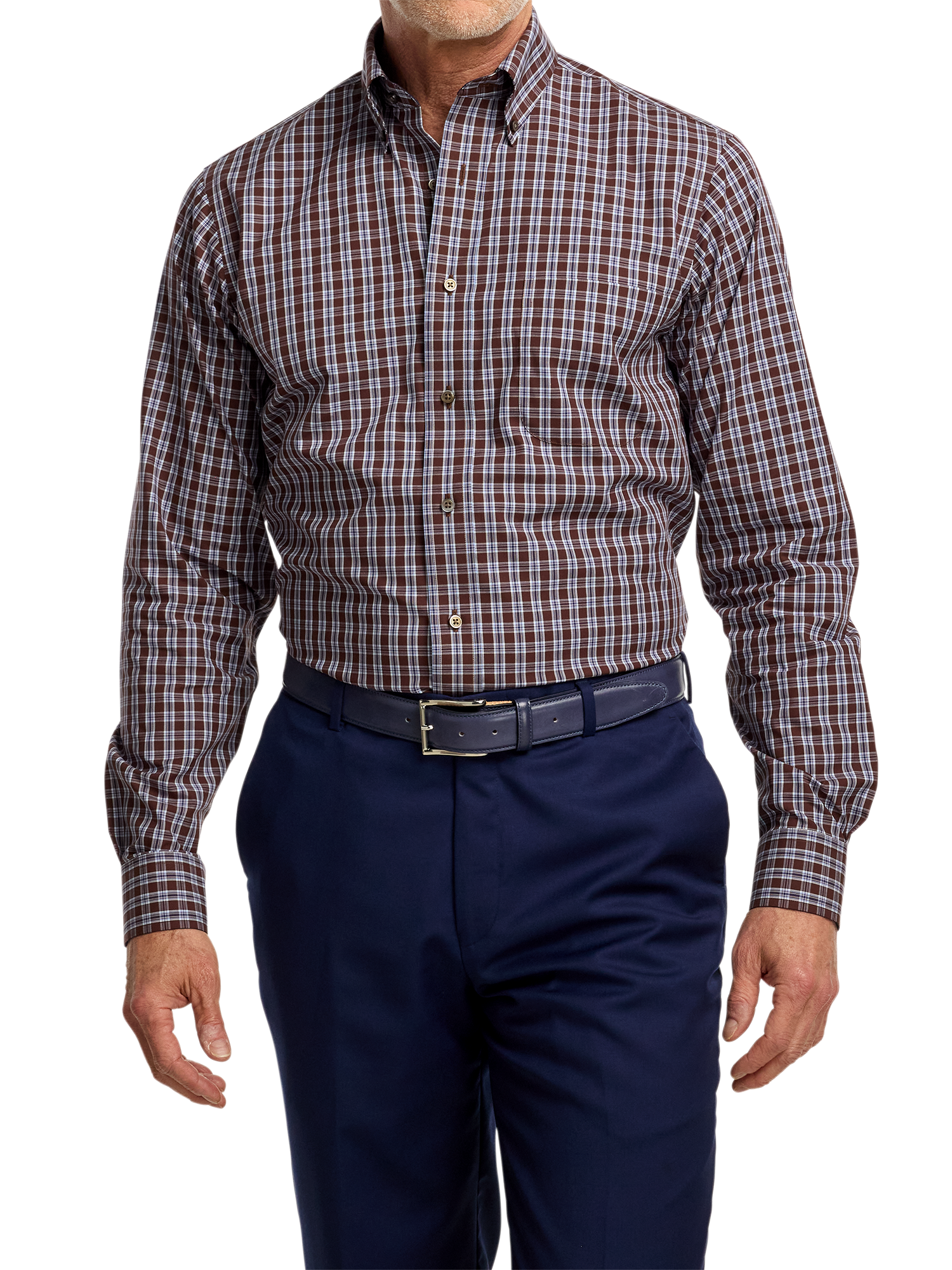 Non-Iron Cotton Plaid Dress Shirt With Contrast Trim - Brown/blue