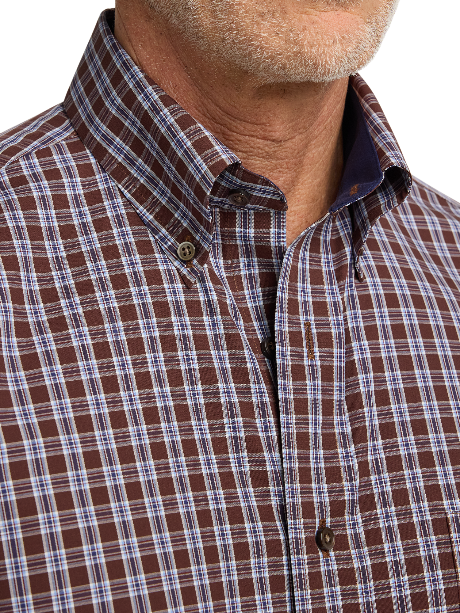 Non-Iron Cotton Plaid Dress Shirt With Contrast Trim - Brown/blue