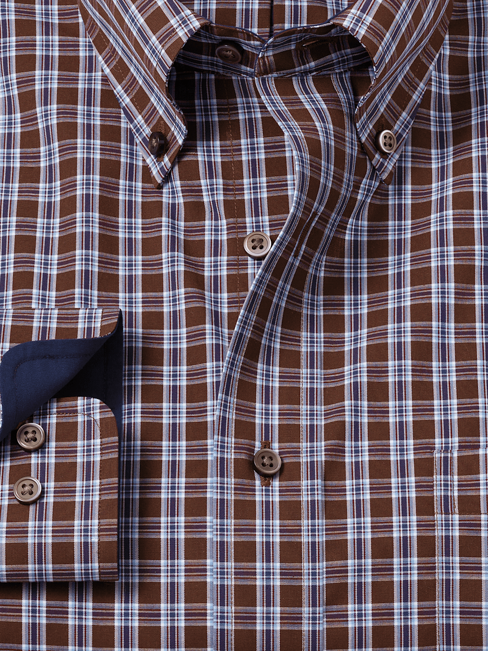 Non-Iron Cotton Plaid Dress Shirt With Contrast Trim - Brown/blue Slim Fit / 18 / 36 Non-Iron Cotton Plaid Dress Shirt With Contrast Trim - Brown/blue Slim Fit / 18 / 36