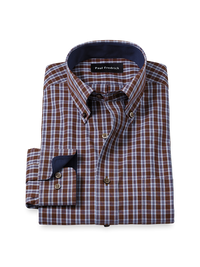 Non-Iron Cotton Plaid Dress Shirt With Contrast Trim - Brown/blue
