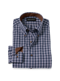 Non-Iron Cotton Plaid Dress Shirt With Contrast Trim - Navy/brown