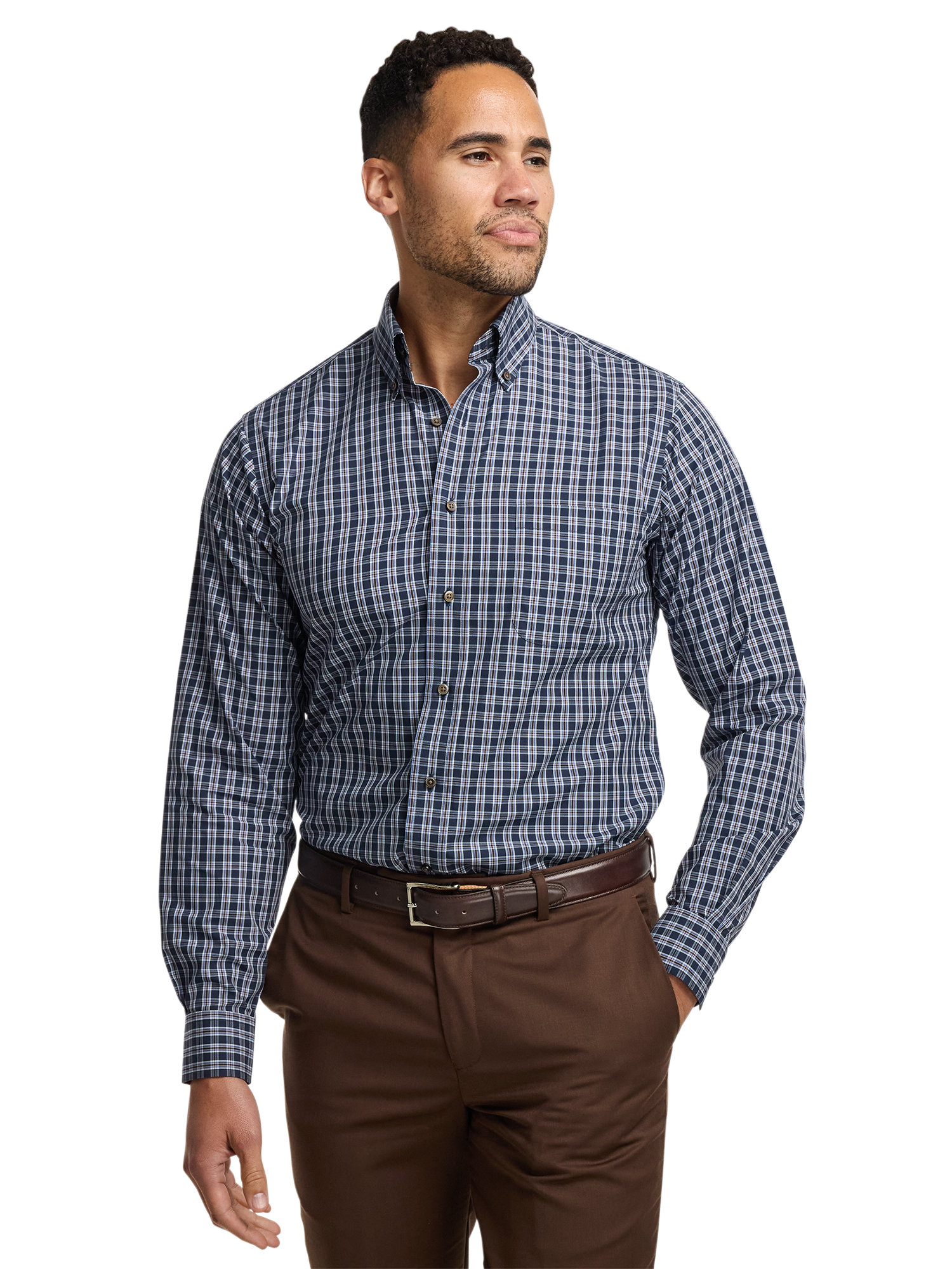 Non-Iron Cotton Plaid Dress Shirt With Contrast Trim - Navy/brown