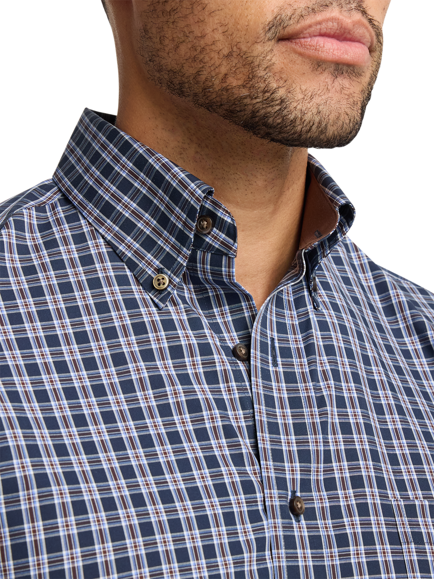 Non-Iron Cotton Plaid Dress Shirt With Contrast Trim - Navy/brown