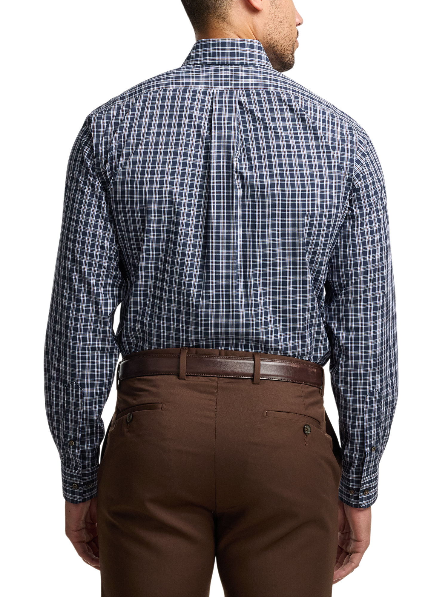 Non-Iron Cotton Plaid Dress Shirt With Contrast Trim - Navy/brown