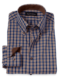 Non-Iron Cotton Plaid Dress Shirt With Contrast Trim - Blue/brown