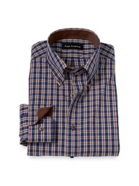 Non-Iron Cotton Plaid Dress Shirt With Contrast Trim - Blue/brown