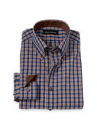 Non-Iron Cotton Plaid Dress Shirt With Contrast Trim - Blue/brown