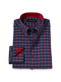 Non-Iron Cotton Plaid Dress Shirt With Contrast Trim - Navy/red