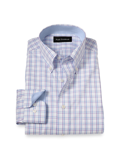 Plaid Men Paul Fredrick Red Checked Dress Shirt Non-Iron Cotton Plaid Dress  Shirt With Contrast