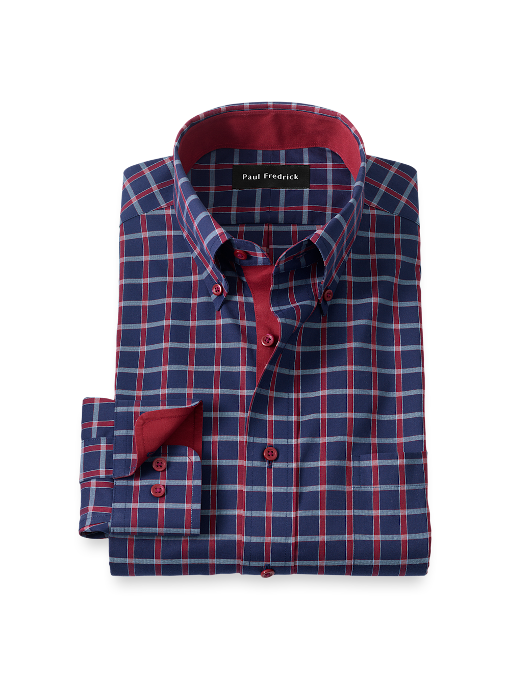 Product Image of Comfort Stretch Non-iron Plaid Dress Shirt With Contrast Trim-Navy/Red