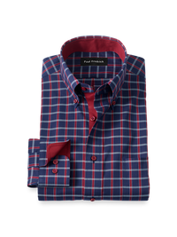 Comfort Stretch Non-Iron Plaid Dress Shirt With Contrast Trim - Navy/red