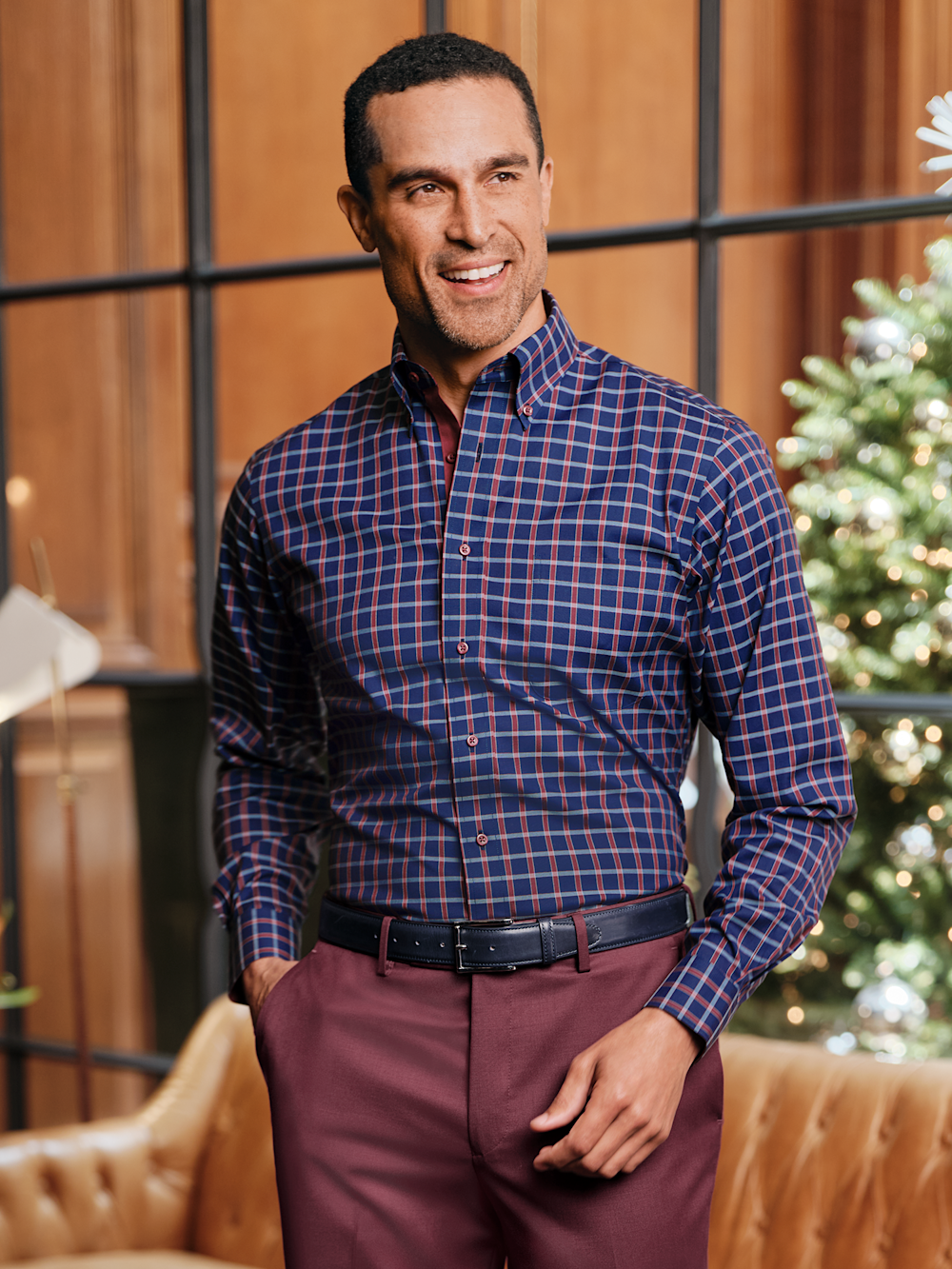 Comfort Stretch Non-Iron Plaid Dress Shirt with Contrast Trim - Navy/Red Classic Fit / 16.5 / 32 Comfort Stretch Non-Iron Plaid Dress Shirt with Contrast Trim - Navy/Red Classic Fit / 16.5 / 32