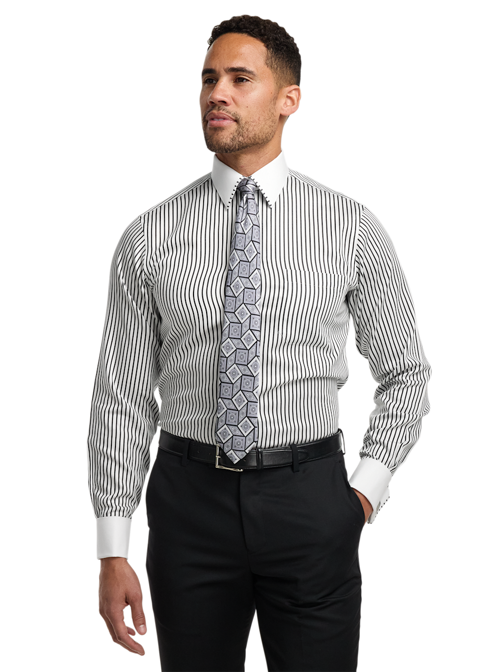 Alternate Image of Comfort Stretch Non-iron Stripe Dress Shirt With Contrast Trim-1