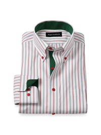 Comfort Stretch Non-Iron Stripe Dress Shirt With Contrast Trim - Red/green