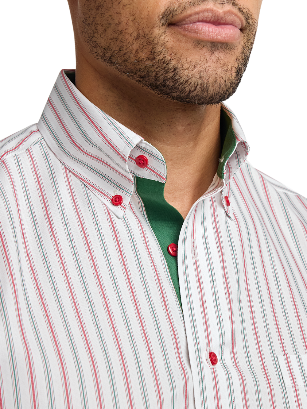 Comfort Stretch Non-Iron Stripe Dress Shirt With Contrast Trim - Red/green Slim Fit / 17.5 / 34 Comfort Stretch Non-Iron Stripe Dress Shirt With Contrast Trim - Red/green Slim Fit / 17.5 / 34