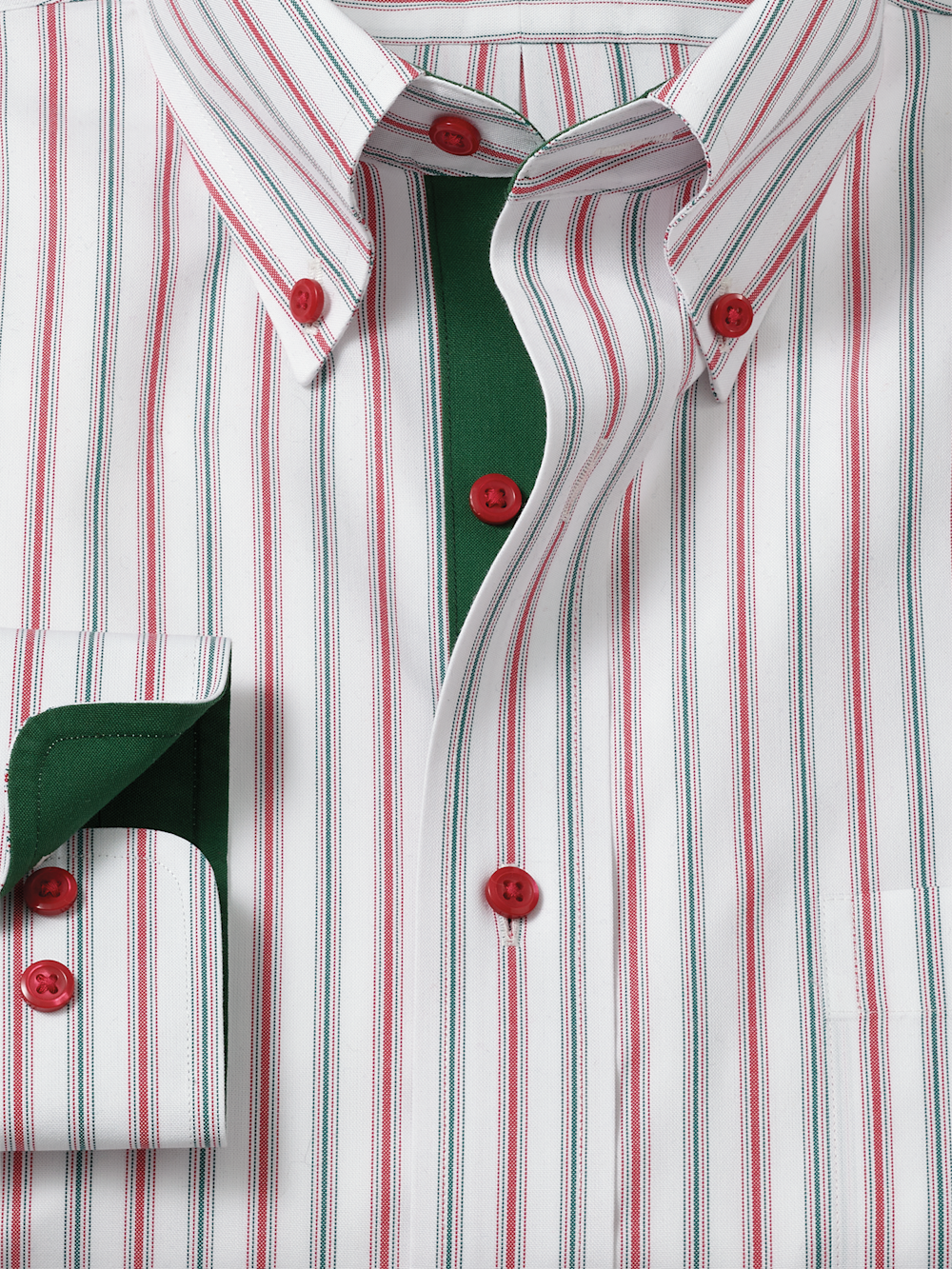 Comfort Stretch Non-Iron Stripe Dress Shirt With Contrast Trim - Red/green Slim Fit / 17.5 / 34 Comfort Stretch Non-Iron Stripe Dress Shirt With Contrast Trim - Red/green Slim Fit / 17.5 / 34