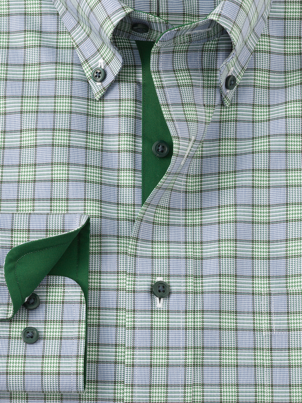 Comfort Stretch Non-Iron Plaid Dress Shirt With Contrast Trim - Green Tailored Fit / 16 / 34 Comfort Stretch Non-Iron Plaid Dress Shirt With Contrast Trim - Green Tailored Fit / 16 / 34