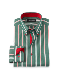 Comfort Stretch Non-Iron Stripe Dress Shirt With Contrast Trim - Green