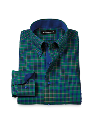 Comfort Stretch Non-Iron Plaid Dress Shirt With Contrast Trim - Green/blue