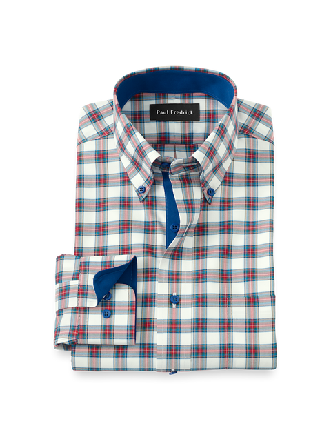 mens white plaid dress shirt Marcello OP White Plaid Sport Shirt W185L Blue / XL
