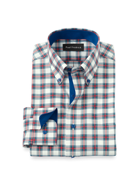 Comfort Stretch Non-Iron Plaid Dress Shirt With Contrast Trim - White Multi