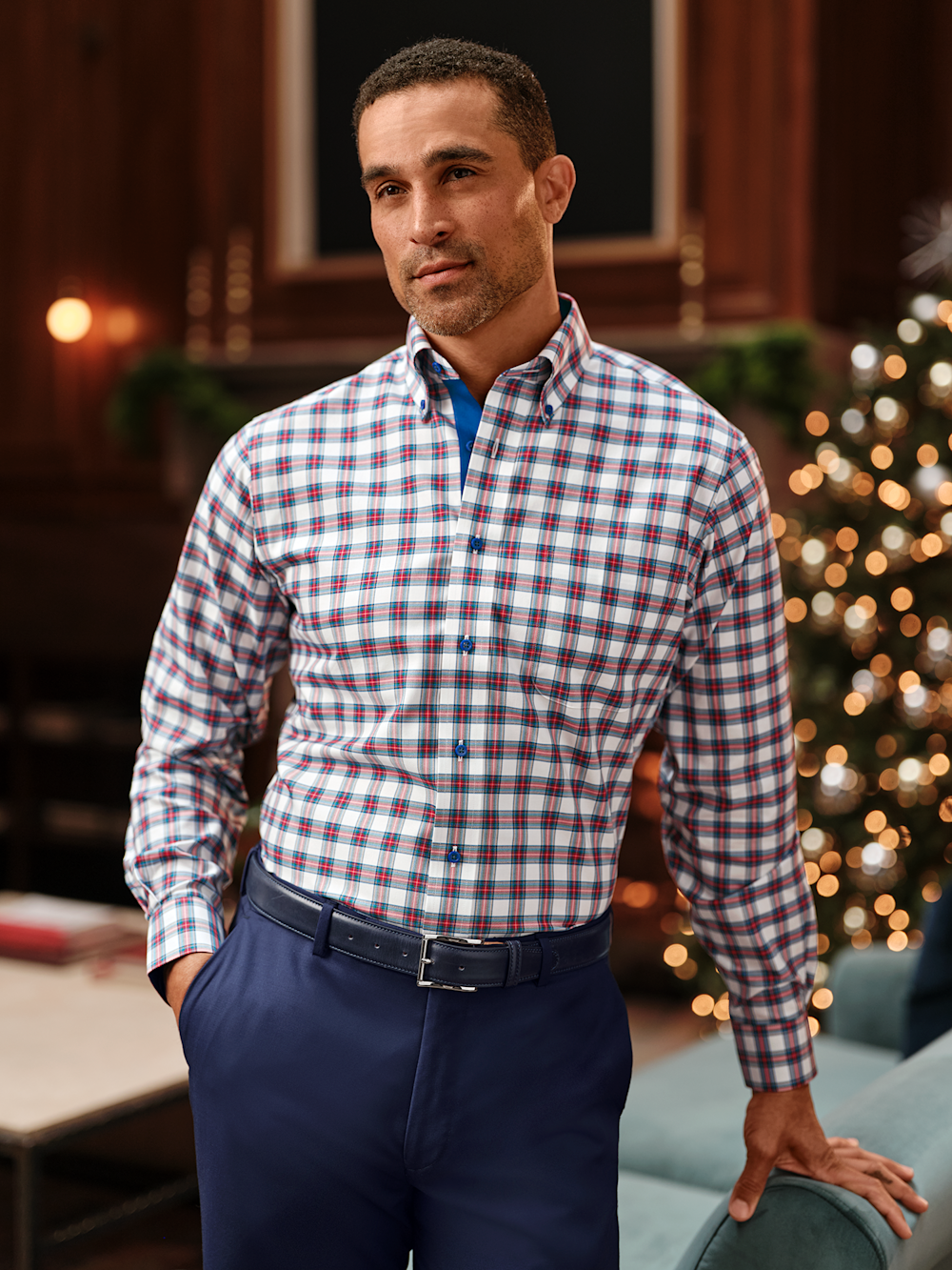 Comfort Stretch Non-Iron Plaid Dress Shirt With Contrast Trim - White Multi Slim Fit / 15.5 / 32 Comfort Stretch Non-Iron Plaid Dress Shirt With Contrast Trim - White Multi Slim Fit / 15.5 / 32