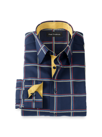 Comfort Stretch Non-Iron Check Dress Shirt With Contrast Trim - Navy Multi