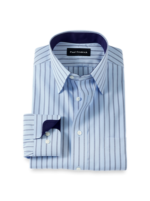 Non-Iron Cotton Stripe Dress Shirt With Contrast Trim - Blue