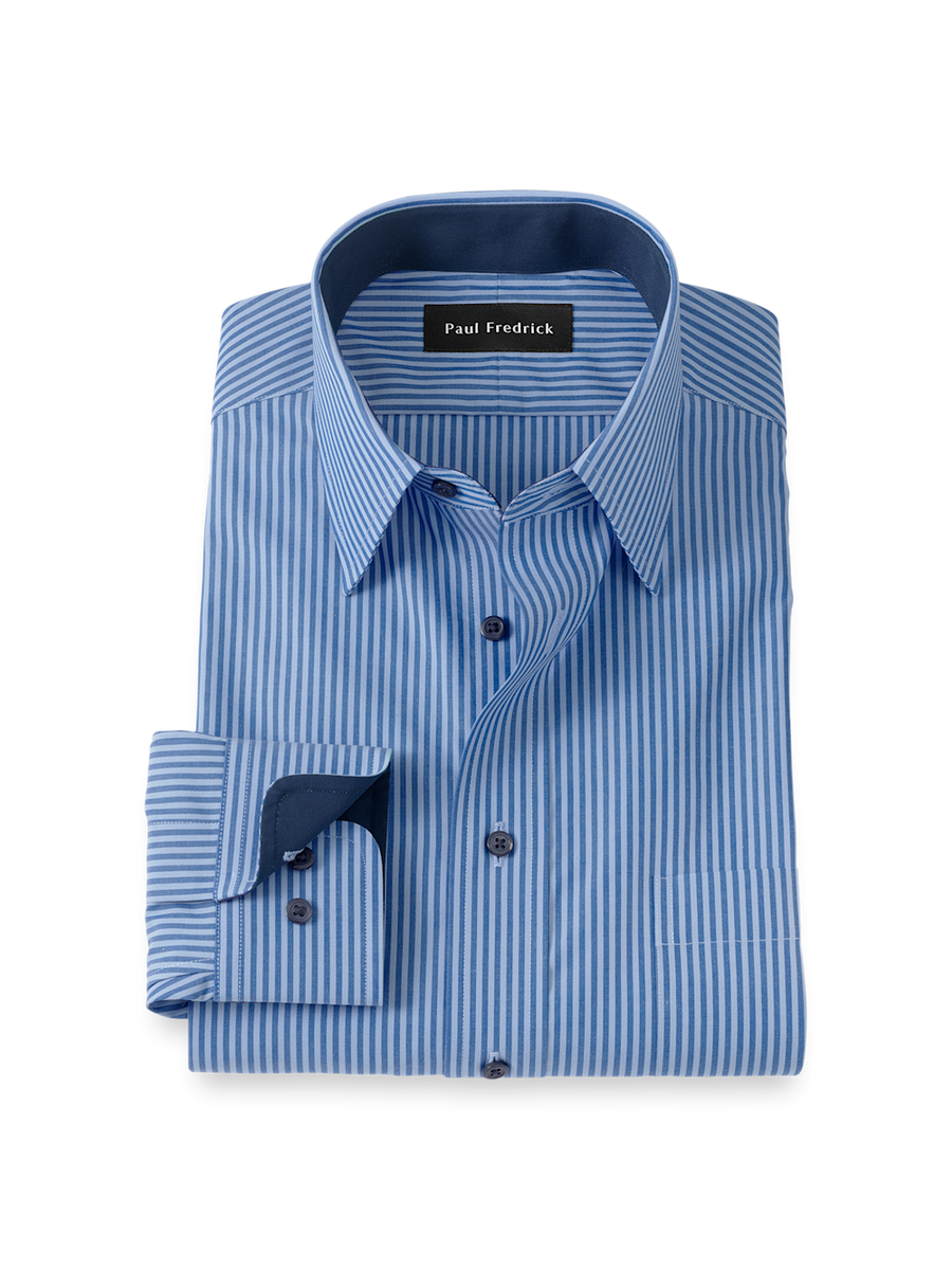 Non-Iron Cotton Stripe Dress Shirt With Contrast Trim - Blue