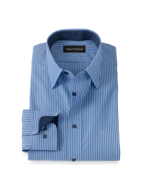 Non-Iron Cotton Stripe Dress Shirt With Contrast Trim - Blue
