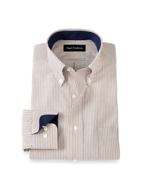 Non-Iron Cotton Stripe Dress Shirt With Contrast Trim - Tan