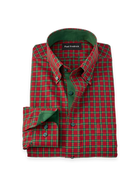 Non-Iron Cotton Plaid Button Down Dress Shirt With Contrast Trim - Red/Green