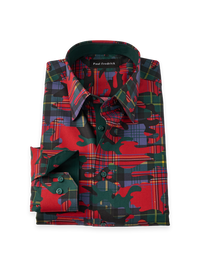 Non-Iron Cotton Camo Point Collar Dress Shirt With Contrast Trim - Red/Green